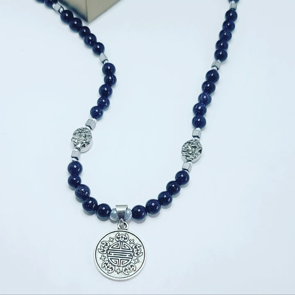 Blue Goldstone, Hematite 5 Blessings Amulet Unisex necklace - Picture 3 of 5